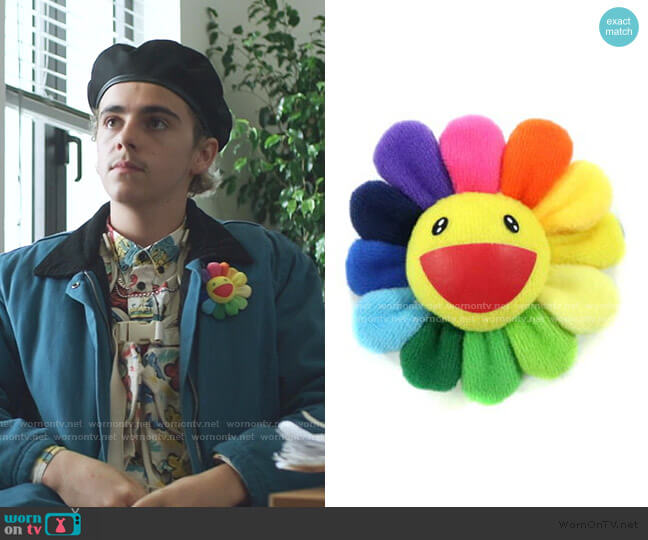 Sun Flower Plush Brooch by Takashi Murakami worn by Fraser Wilson (Jack Dylan Grazer) on We Are Who We Are