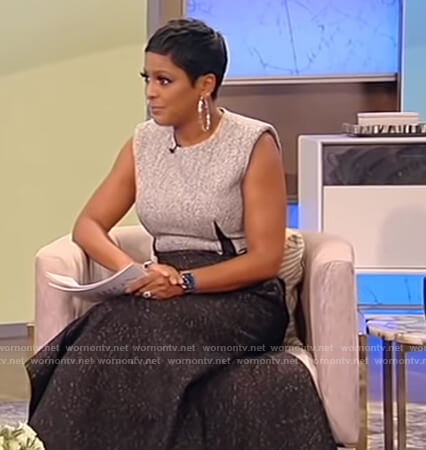 Tamron’s black and gray sleeveless knit dress on Tamron Hall Show