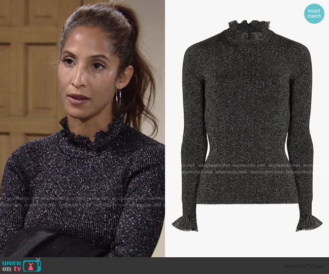 Milnia Frill Neck Detail Ribbed Lurex Jumper by Ted Baker worn by Lily Winters (Christel Khalil) on The Young and the Restless