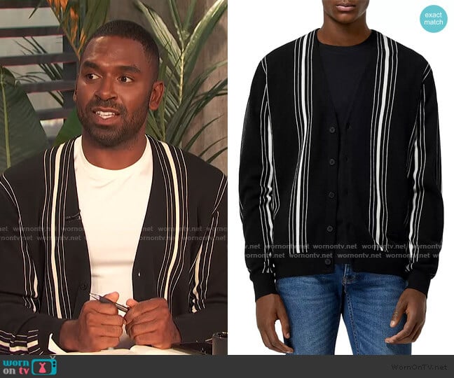 Cotton Blend Striped Cardigan by The Kooples worn by Justin Sylvester on E! News