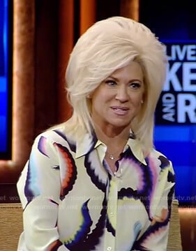 Theresa Caputo’s yellow tie-dye blouse on Live with Kelly and Ryan