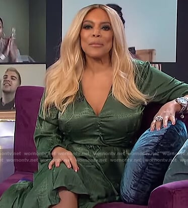 Wendy’s green satin wrap dress on The Wendy Williams Show