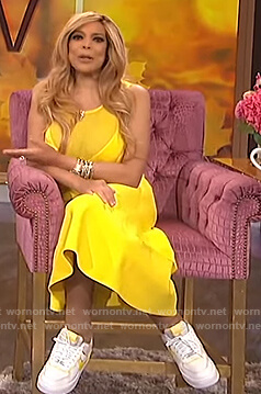 Wendy’s yellow sleeveless mesh inset dress on The Wendy Williams Show