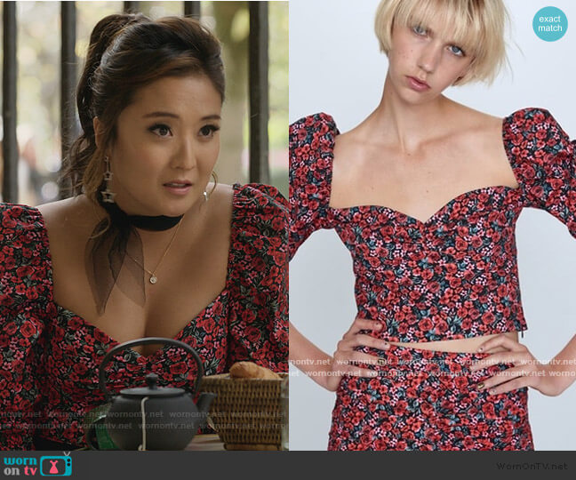 Floral Puff Sleeve Top by Zara worn by Mindy Chen (Ashley Park) on Emily in Paris