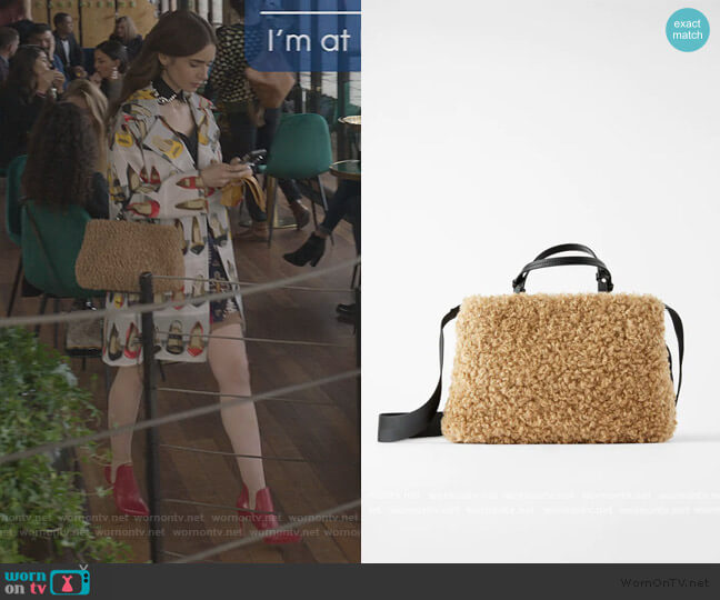 Faux Fur Teddy Bag by Zara worn by Emily Cooper (Lily Collins) on Emily in Paris