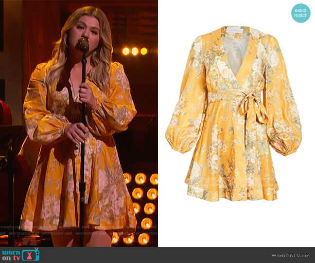 Amelie Floral Linen Wrap Dress by Zimmermann worn by Kelly Clarkson  on The Kelly Clarkson Show