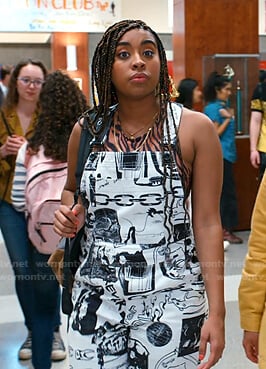 Aisha's white graffiti print overalls on Saved By The Bell