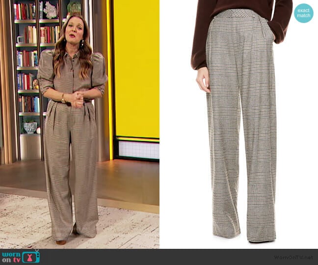 Eric High-Waist Prince Of Wales Check Wool-Blend Pants by Alice + Olivia worn by Drew Barrymore on The Drew Barrymore Show