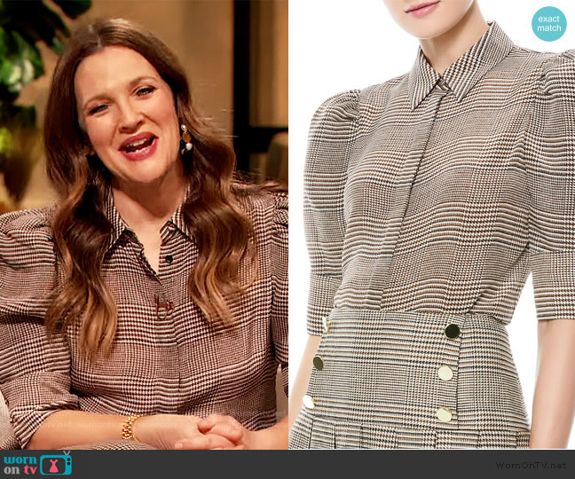 Will Prince Of Wales Check Puff-Sleeve Silk-Blend Blouse by Alice + Olivia worn by Drew Barrymore on The Drew Barrymore Show