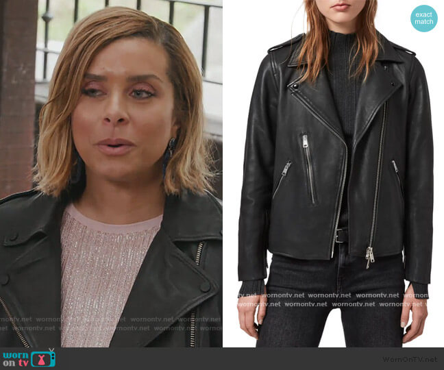 Elva Lambskin Leather Biker Jacket by All Saints worn by Robyn Dixon on The Real Housewives of Potomac