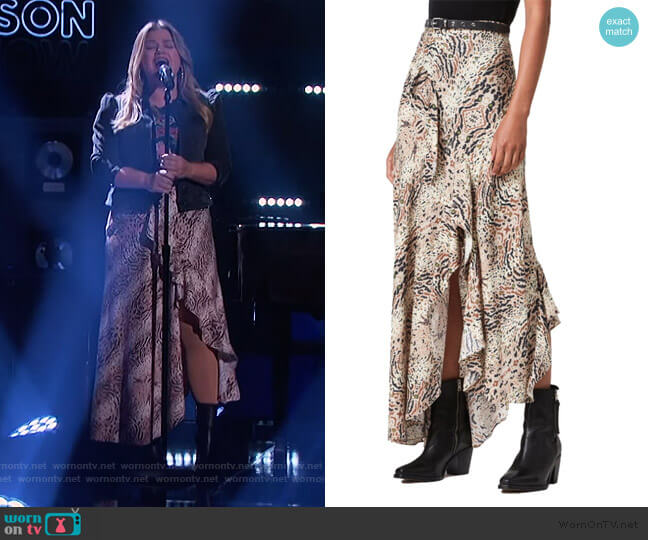 Raya Arietta Animal Print Skirt by All Saints worn by Kelly Clarkson on The Kelly Clarkson Show