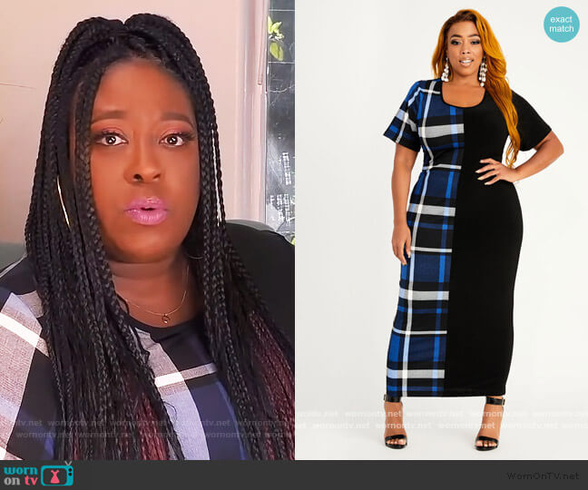 Plaid Colorblock Bodycon Midi Dress by Ashley Stewart worn by Loni Love on The Real