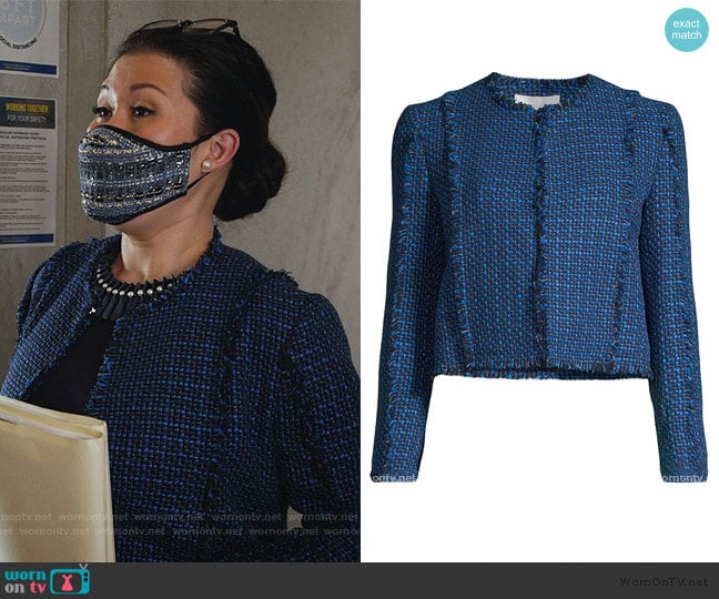 Johellana Fringe Tweed Cropped Jacket by BOSS worn by Sherri Kansky (Ruthie Ann Miles) on All Rise