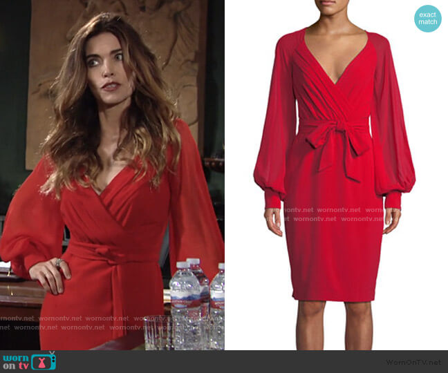 V-Neck Blouson-Sleeve Faux-Wrap Cocktail Dress by Badgley Mischka worn by Victoria Newman (Amelia Heinle) on The Young & the Restless