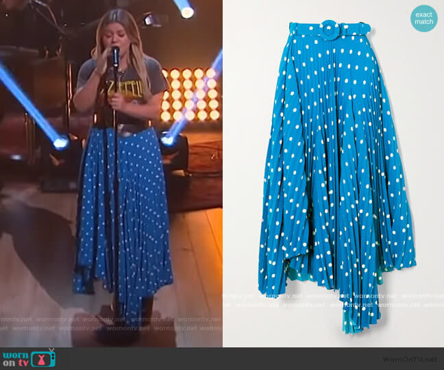 Belted asymmetric pleated polka-dot crepe midi skirt by Balenciaga worn by Kelly Clarkson on The Kelly Clarkson Show
