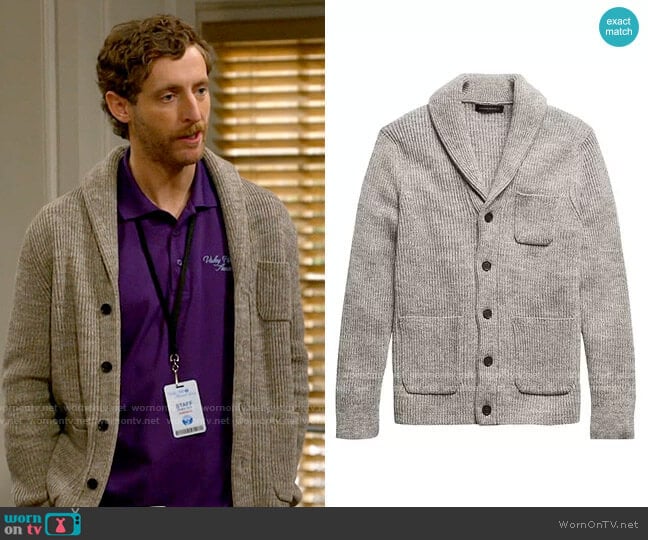 Banana Republic SUPIMA® Cotton Cardigan Sweater worn by Drew Dunbar (Thomas Middleditch) on B Positive