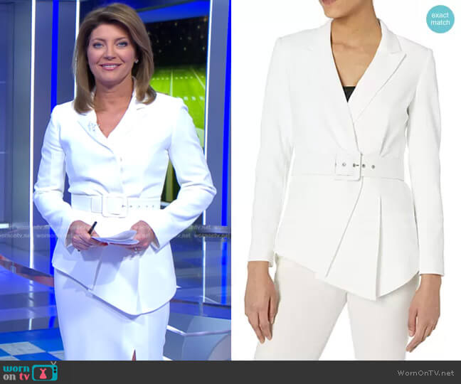 Belted Asymmetrical Crepe Blazer by Tahari ASL worn by Norah O'Donnell on CBS Evening News