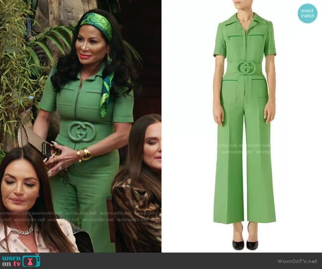 Belted Wide Leg Wool & Silk Cady Jumpsuit by Gucci worn by Jen Shah on The Real Housewives of Salt Lake City