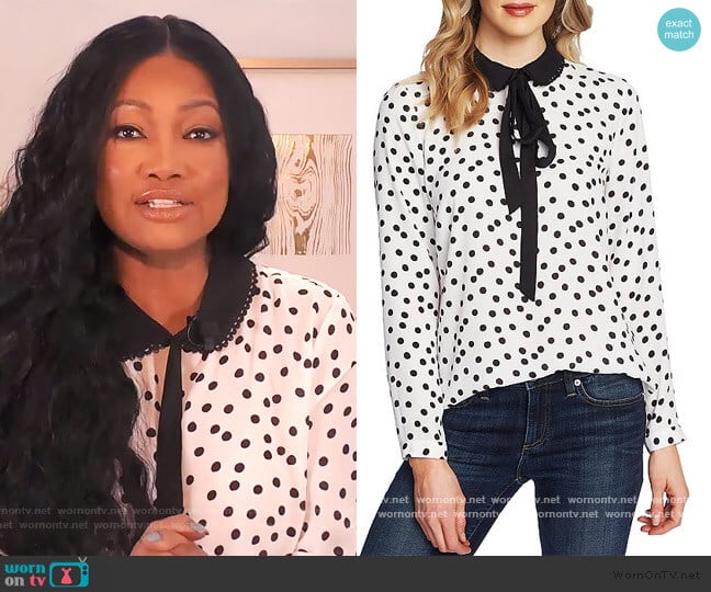 Long Sleeve Peter Pan Contrast Collar Dotted Blouse by CeCe worn by Garcelle Beauvais on The Real