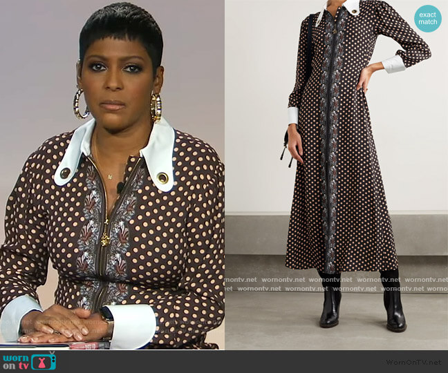 Embellished silk-trimmed printed crepe maxi dress by Chloe worn by Tamron Hall on Tamron Hall Show