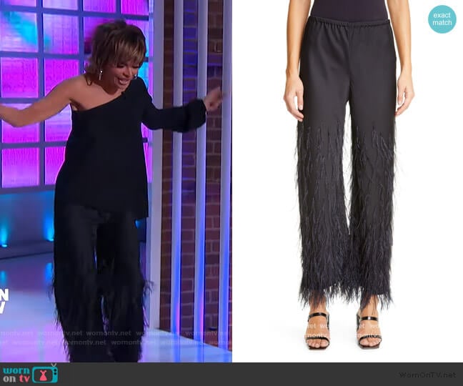 Karis Feather Trim Pants by Cult Gaia worn by Karis Feather Trim Pants by Lisa Rinna on The Kelly Clarkson Show