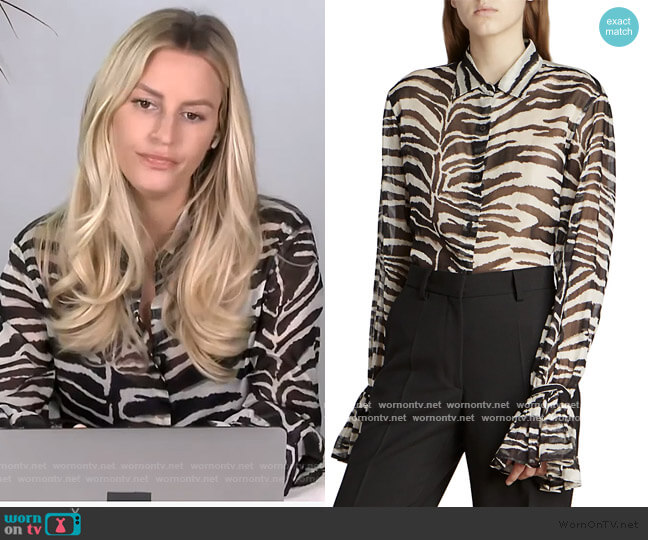 Zebra-Print Ruffle-Cuff Shirt by Dries Van Noten worn by Morgan Stewart on E! News