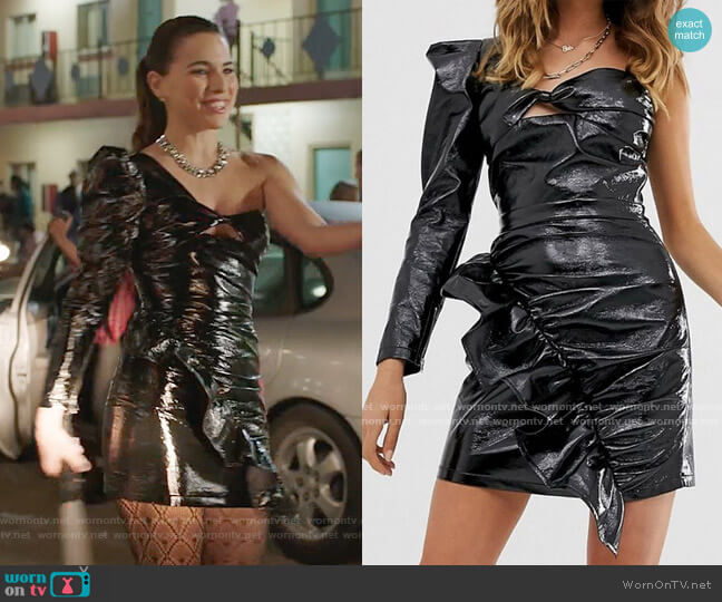 Ebonie n Ivory one shoulder mini dress with bow in faux leather worn by Ginger Sweet (Melia Kreiling) on Filthy Rich