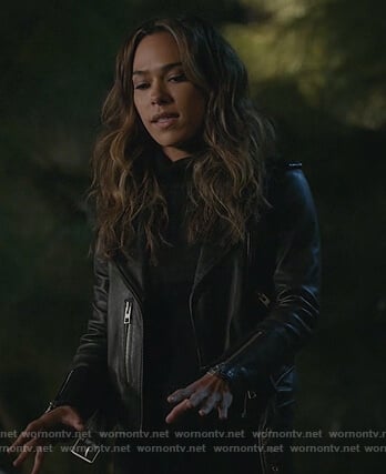 Emily’s black leather moto jacket on All Rise