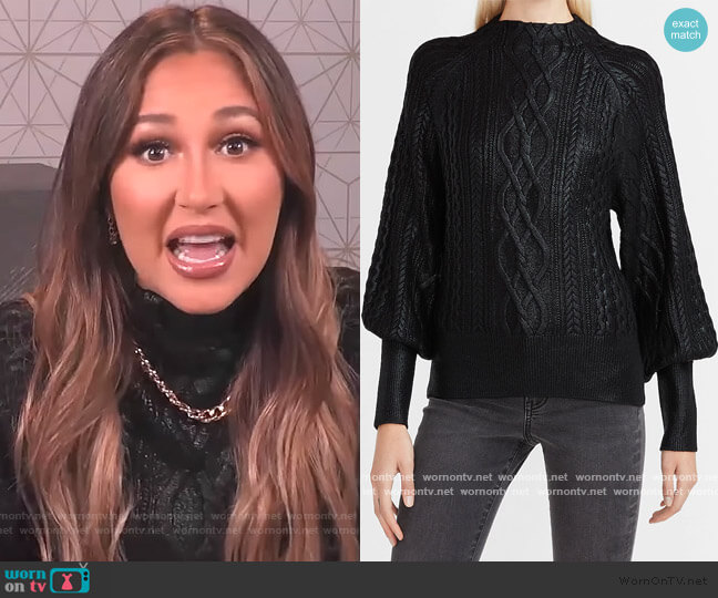 Metallic Foil Cable Knit Mock Neck Sweater by Express worn by Adrienne Houghton on The Real