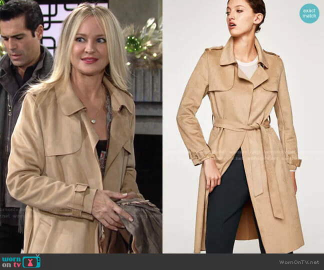 Faux Suede Trench Coat by Zara worn by Sharon Newman (Sharon Case) on The Young and the Restless