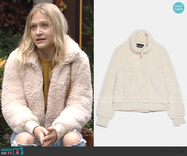 Fleece Bomber by Zara worn by Faith Newman (Alyvia Alyn Lind) on The Young and the Restless