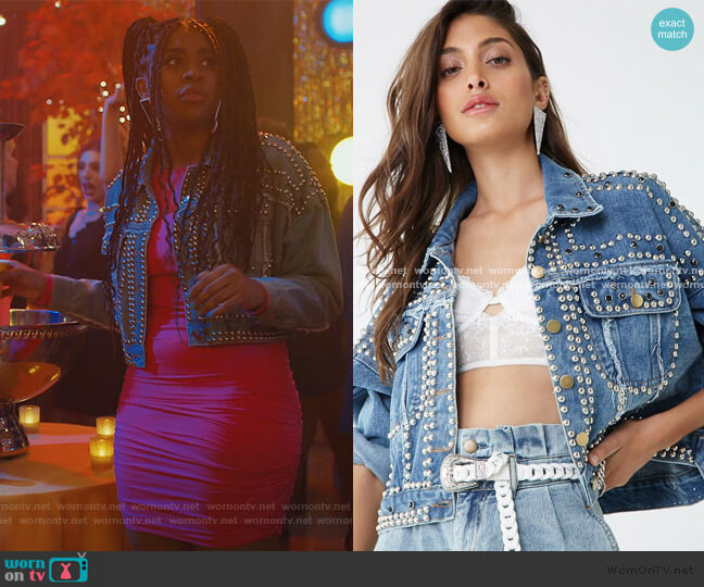 Studded Denim Jacket by Forever 21 worn by Aisha (Alycia Pascual-Pena) on Saved By The Bell