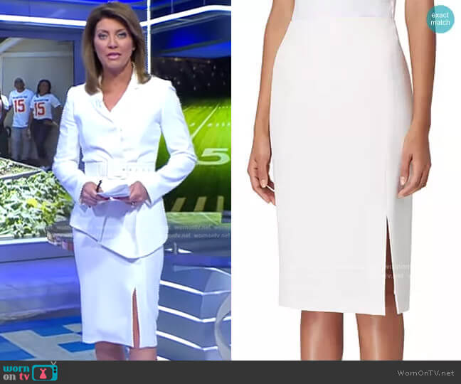 Front-Slit Crepe Pencil Skirt by Tahari ASL worn by Norah O'Donnell on CBS Evening News