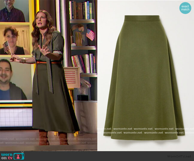 The Ada herringbone camel hair midi skirt by Giuliva Heritage worn by Drew Barrymore on The Drew Barrymore Show