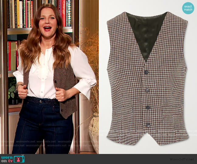 The Andrea houndstooth wool vest by Giuliva Heritage worn by Drew Barrymore  on The Drew Barrymore Show