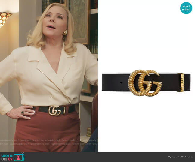 Gucci Leather belt with torchon Double G buckle worn by Margaret Monreaux (Kim Cattrall) on Filthy Rich