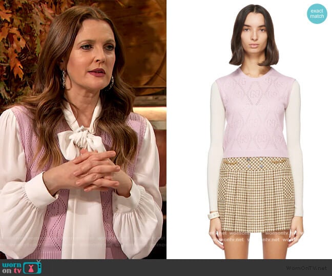 Pink GG Crochet Sweater Vest by Gucci worn by Drew Barrymore  on The Drew Barrymore Show