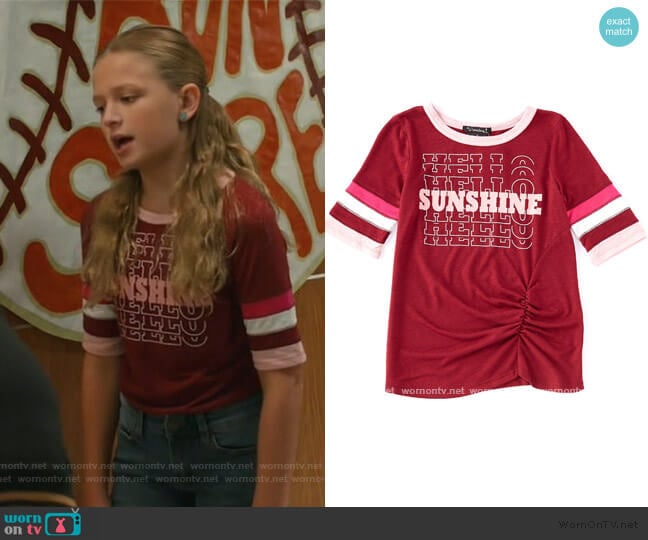 Hello Sunshine Tee by Xtraordinary worn by Anna-Kat Otto (Giselle Eisenberg) on American Housewife