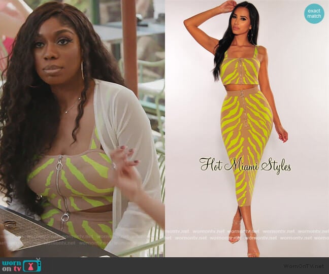 Mocha Neon Lime Zebra Knit Skirt Two Piece Set by Hot Miami Styles worn by Wendy Osefo on The Real Housewives of Potomac