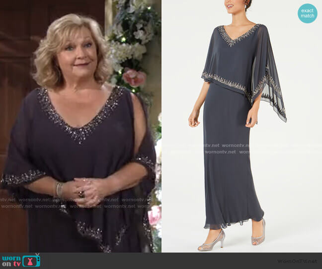 Bead-Embellished Cape Gown by J Kara worn by Traci Abbott (Beth Maitland) on The Young and the Restless