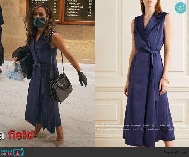 Belted satin wrap midi dress by Jason Wu worn by Emily Lopez (Jessica Camacho) on All Rise