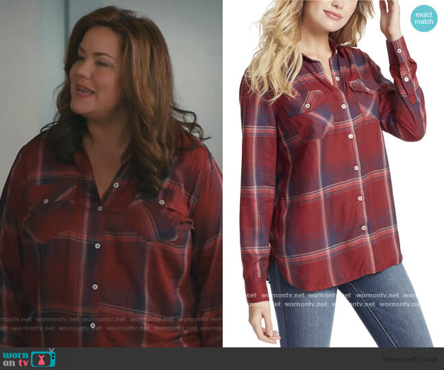 Petunia Plaid Shirt by Jessica Simpson worn by Katie Otto (Katy Mixon) on American Housewife