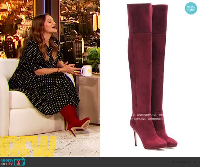 Haley 100 over the knee Suede Boots by Jimmy Choo worn by Drew Barrymore on The Drew Barrymore Show