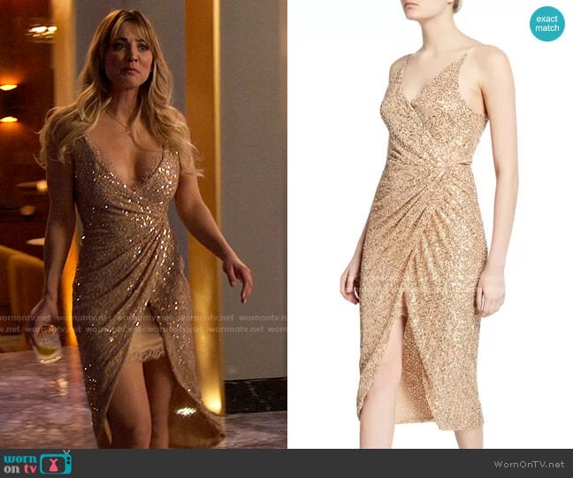 Jonathan Simkhai Sequined Sleeveless Wrap Dress worn by Cassie Bowden (Kaley Cuoco) on The Flight Attendant