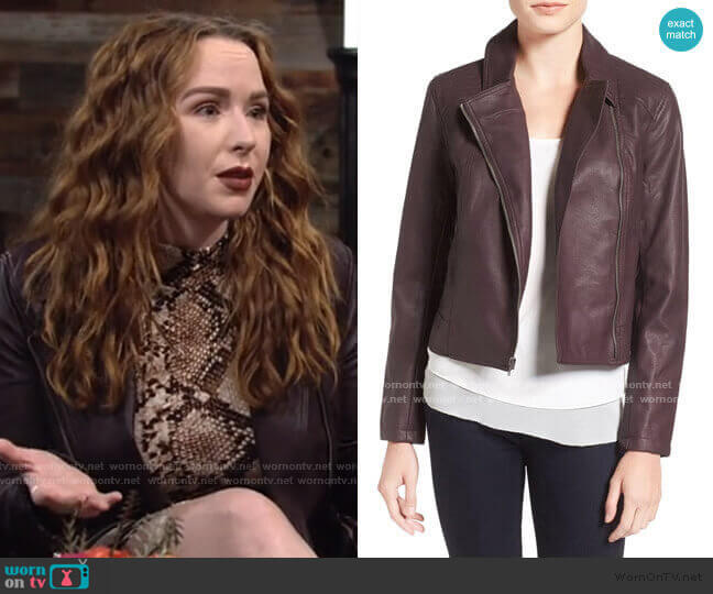 Joslyn Faux Leather Moto Jacket in Oxblood by Cupcakes and Cashmere worn by Mariah Copeland (Camryn Grimes) on The Young & the Restless