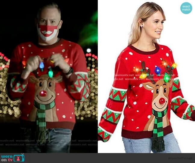 LED Light Up Ugly Christmas Sweater Built-in Light Bulbs by Joyin worn by Ross Matthews on The Drew Barrymore Show