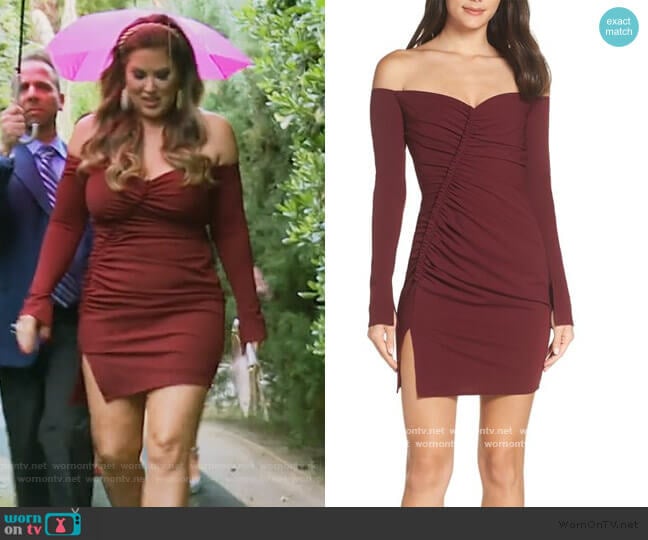 Off the Shoulder Ruched Cocktail Sheath by Katie May worn by Emily Simpson on The Real Housewives of Orange County