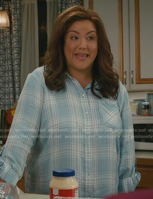 Katie’s blue plaid shirt on American Housewife