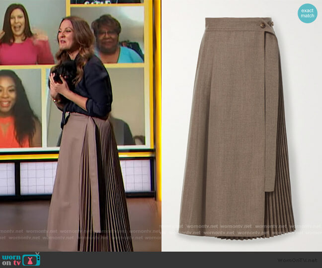 Pleated wrap wool midi skirt by LVIR worn by Drew Barrymore on The Drew Barrymore Show