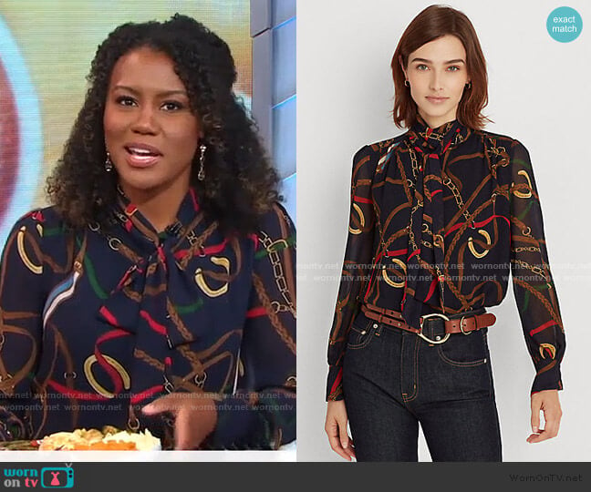 Print Georgette Tie-Neck Top by Ralph Lauren worn by Janai Norman on Good Morning America